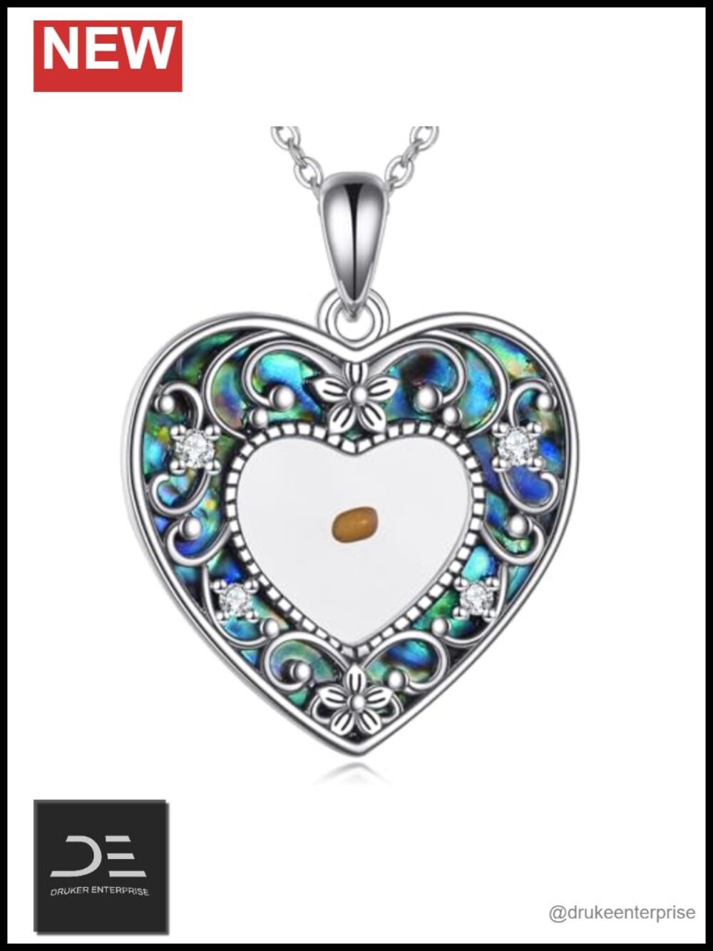 Sterling Silver Mustard Seed Heart Pendant Necklace Abalone Shell Filigree